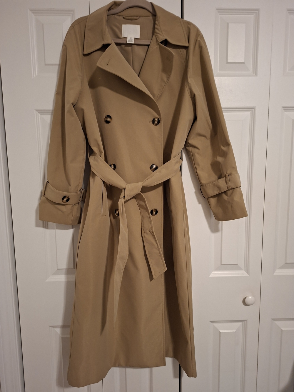H&M Double-Breasted Long Trench Coat in Beige, Size S